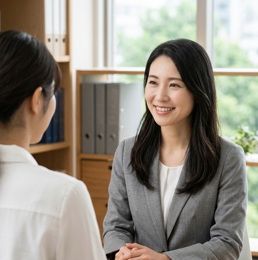 女性の相談者の話に、笑顔で耳を傾ける女性支援者
